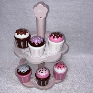 Fao Swartz wooden 2 tier cupcake holder and interchangeable cupcakes